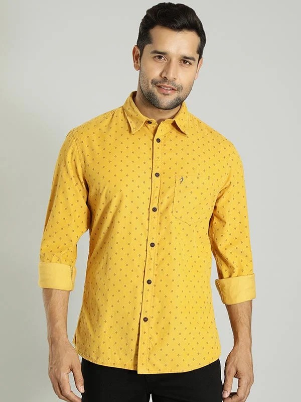 Indian Terrain Men's Slim Fit Full Sleeve All Over Print Yellow Shirt
